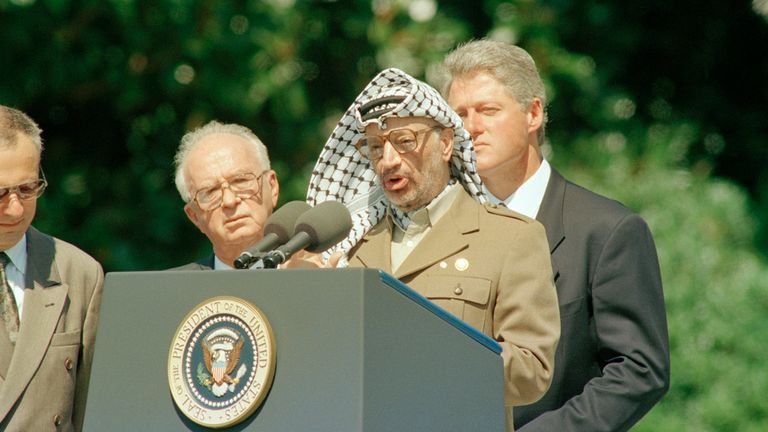 Palestine Liberation Organization Chairman Yasser Arafat at the White House in 1993 to sign the Mideast peace agreement. Pic: AP