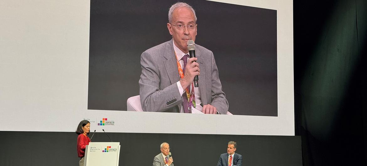 The Spanish Secretary of State for Finance Jesús Gascón (on screen) addresses a meeting at the Financing for Development conference in Sevilla, Spain. The Spanish Secretary of State for Finance Jesús Gascón (on screen) addresses a meeting at the Financing for Development conference in Sevilla, Spain.