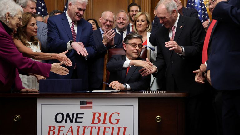 Speaker Mike Johnson congratulated following the signing of Trump's bill. Pic: Reuters 
